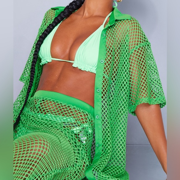PRETTYLITTLETHING Green Net Oversized Short Sleeve /Trousers Beach Set of 2 - Picture 3 of 8